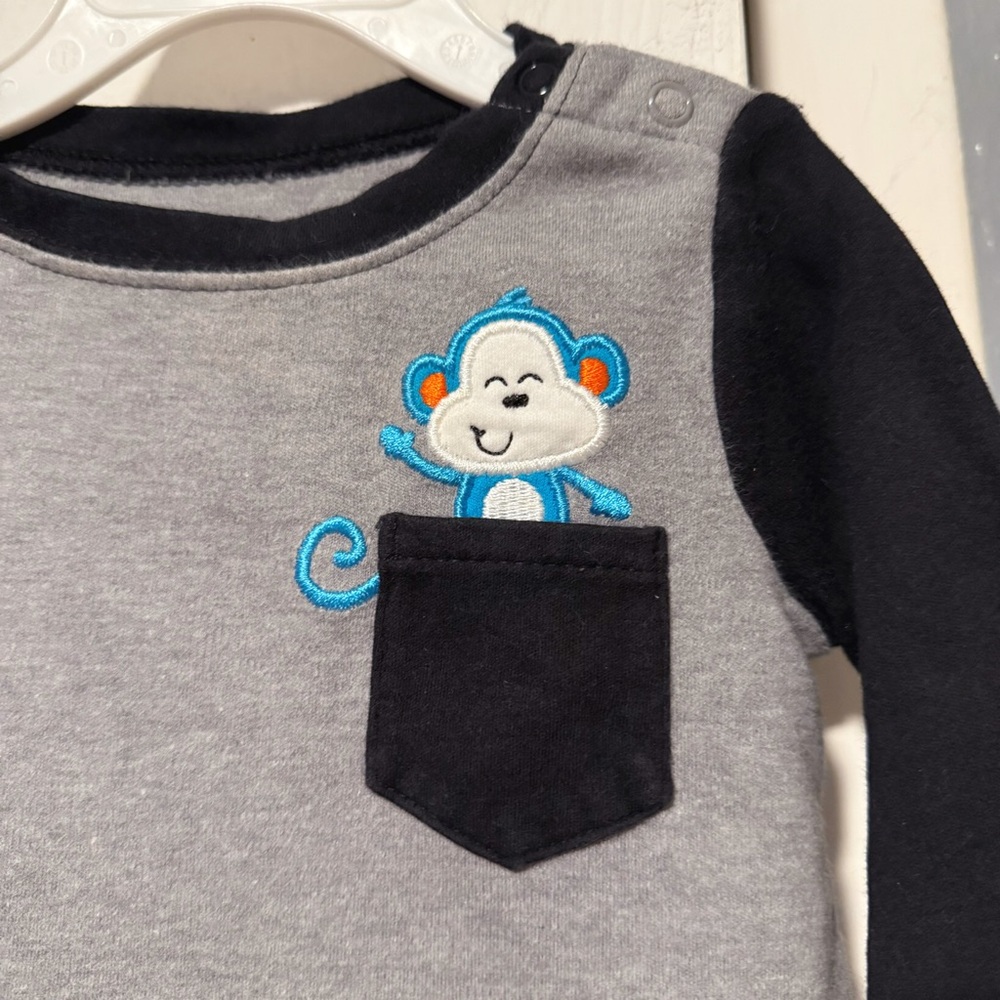 Gray and Black Long Sleeve Baby Onesie with Monkey Design - Picture 3 of 6